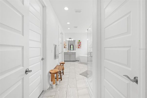 Bathroom, Free Standing Baths, Interior, Marble, Recessed Lighting