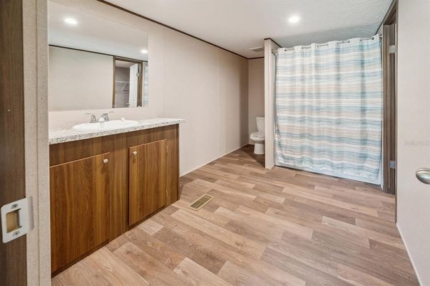 Bathroom, Interior, Recessed Lighting, Wood Texture Flooring