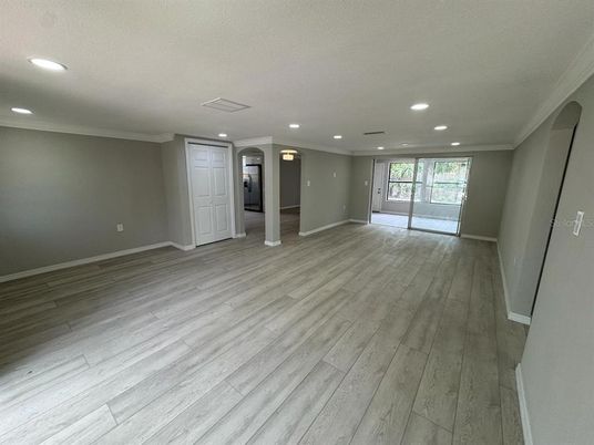 Empty room, Interior, Recessed Lighting, Wood Texture Flooring