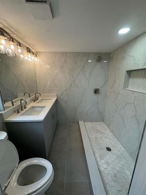 Bathroom, Dual Sink Vanities, Interior, Marble Walls, Recessed Lighting