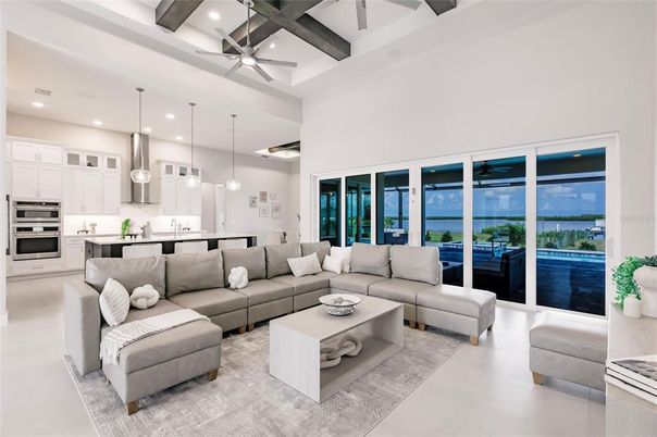 Interior, Kitchen, Living room, Pendant Lights, Recessed Lighting, Stainless Steel Appliances, Water, Wooden Beams