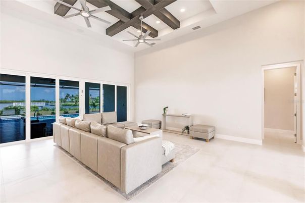 Interior, Living room, Recessed Lighting, Water, Wooden Beams