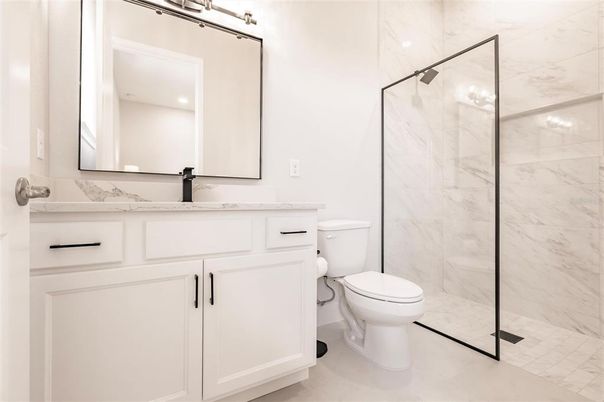 Bathroom, Glass Shower, Interior, Marble Walls, Recessed Lighting