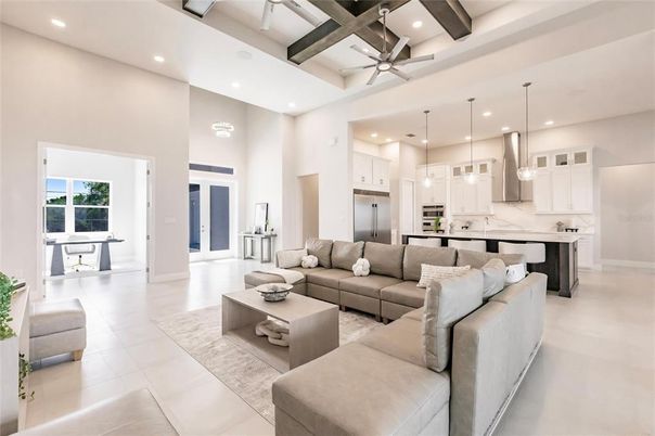 Interior, Kitchen, Living room, Pendant Lights, Recessed Lighting, Stainless Steel Appliances, Wooden Beams