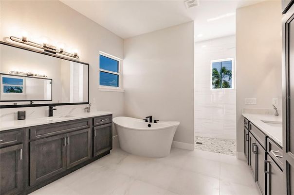 Bathroom, Dual Sink Vanities, Free Standing Baths, Interior, Marble, Recessed Lighting
