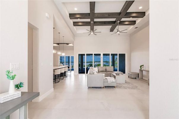 Interior, Living room, Pendant Lights, Recessed Lighting, Water, Wooden Beams