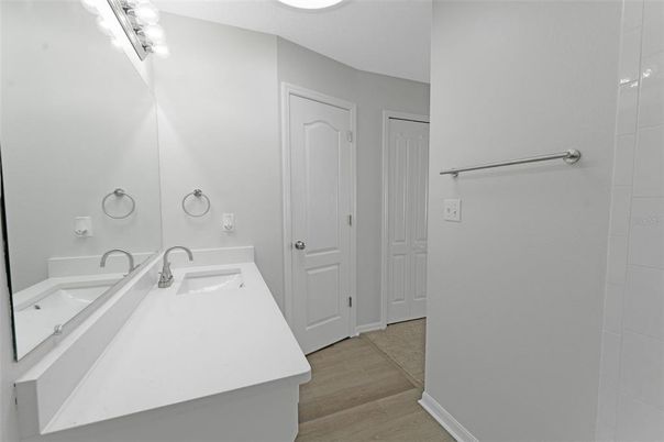 Bathroom, Dual Sink Vanities, Interior, Wood Texture Flooring