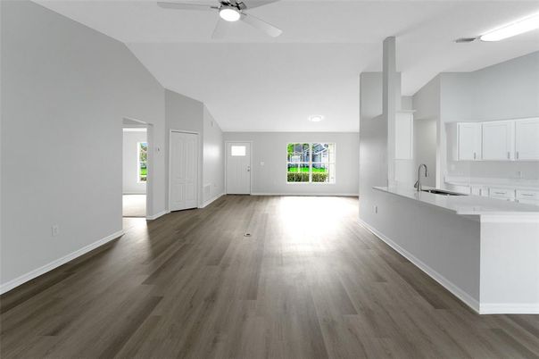 Empty room, Interior, Kitchen, Recessed Lighting, Wood Texture Flooring