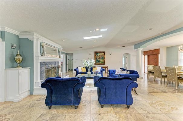 Chandelier, Dining room, Fireplace, Interior, Living room, Recessed Lighting