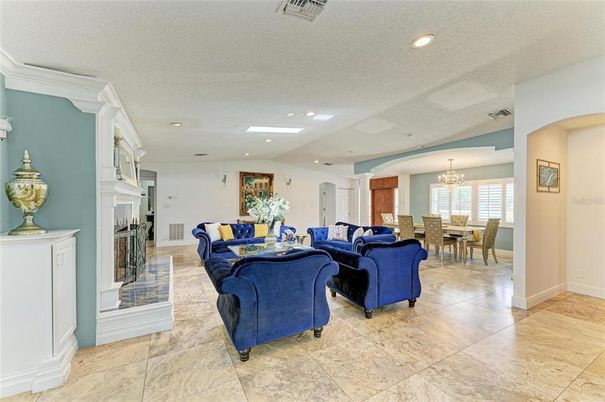 Chandelier, Dining room, Fireplace, Interior, Living room, Recessed Lighting
