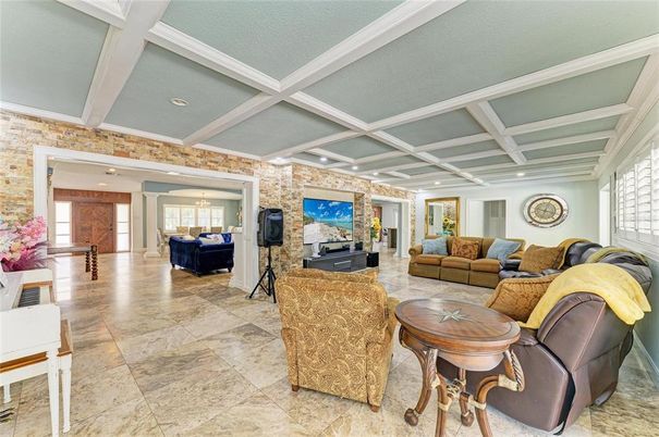 Fireplace, Interior, Living room, Recessed Lighting, Stone Walls