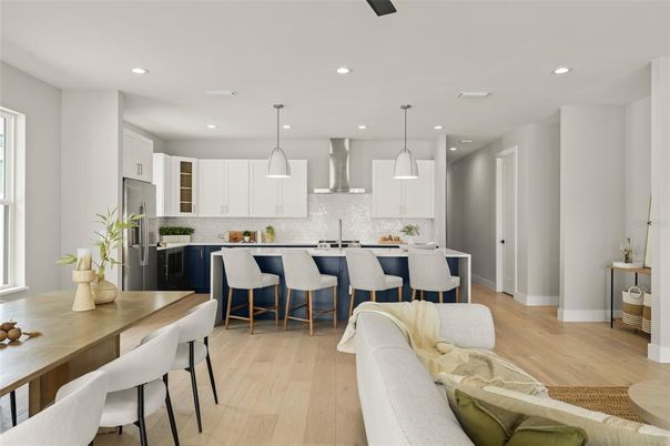 Dining room, Interior, Kitchen, Pendant Lights, Recessed Lighting, Stainless Steel Appliances, Wood Texture Flooring