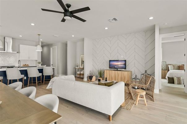 Bedroom, Dining room, Interior, Kitchen, Living room, Pendant Lights, Recessed Lighting, Stone Walls, Wood Texture Flooring