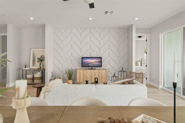 Fireplace, Interior, Living room, Recessed Lighting, Stone Walls, Wood Texture Flooring