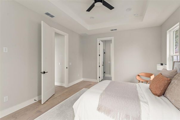 Bedroom, Interior, Recessed Lighting, Wood Texture Flooring