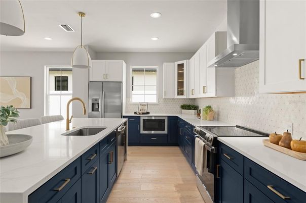 Interior, Kitchen, Pendant Lights, Recessed Lighting, Stainless Steel Appliances, Wood Texture Flooring