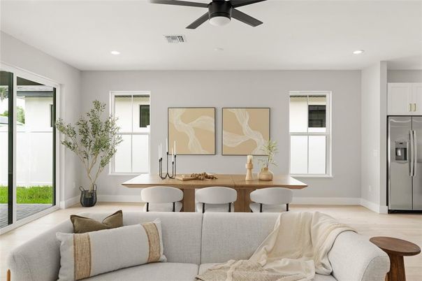Dining room, Interior, Recessed Lighting, Stainless Steel Appliances, Wood Texture Flooring