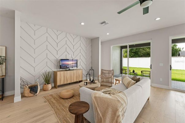 Interior, Living room, Recessed Lighting, Stone Walls, Wood Texture Flooring