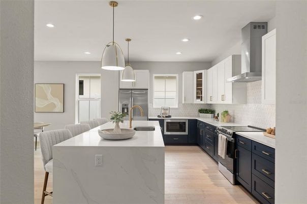 Interior, Kitchen, Pendant Lights, Recessed Lighting, Stainless Steel Appliances, Wood Texture Flooring