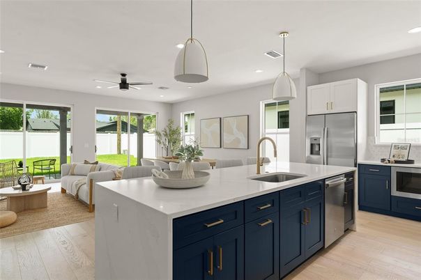 Interior, Kitchen, Living room, Pendant Lights, Recessed Lighting, Stainless Steel Appliances, Wood Texture Flooring