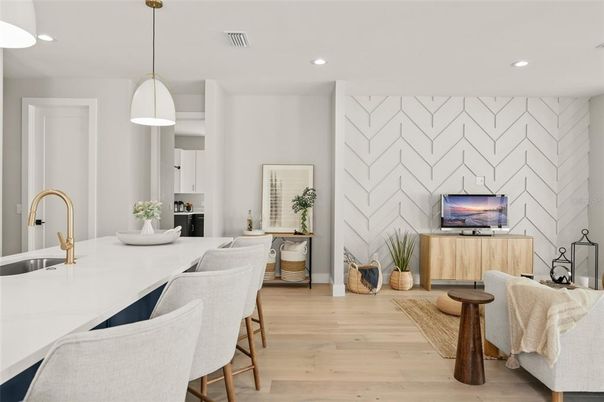 Interior, Kitchen, Pendant Lights, Recessed Lighting, Stone Walls, Wood Texture Flooring