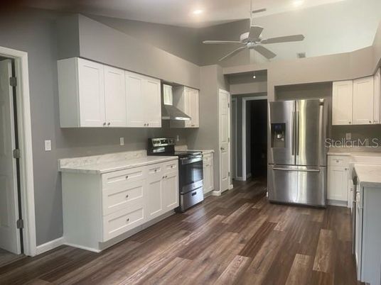 Interior, Kitchen, Recessed Lighting, Stainless Steel Appliances, Wood Texture Flooring