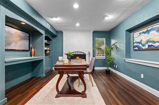 Fireplace, Home Office, Interior, Recessed Lighting, Wood Texture Flooring