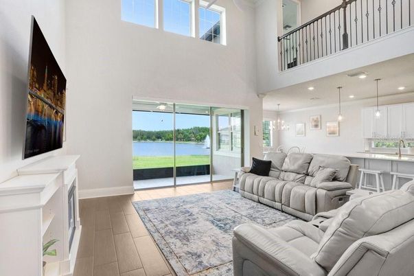 Chandelier, Interior, Living room, Pendant Lights, Recessed Lighting, Water, Wood Texture Flooring
