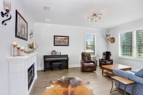 Fireplace, Interior, Living room, Pendant Lights, Piano, Wood Texture Flooring