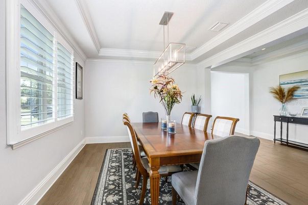 Dining room, Interior, Pendant Lights, Recessed Lighting, Wood Texture Flooring