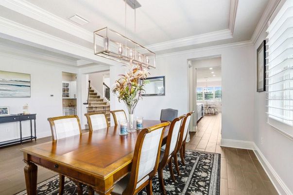 Dining room, Interior, Pendant Lights, Wood Texture Flooring