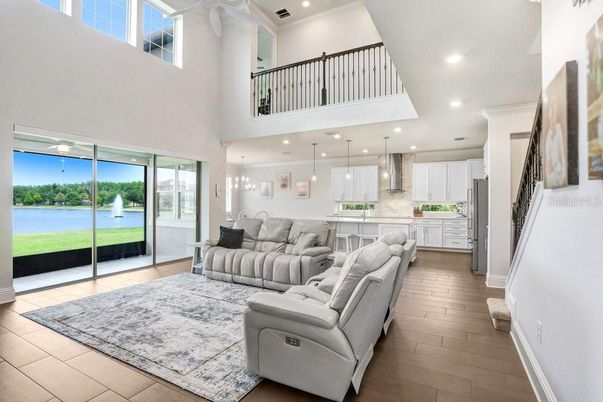 Interior, Kitchen, Living room, Pendant Lights, Recessed Lighting, Water, Wood Texture Flooring
