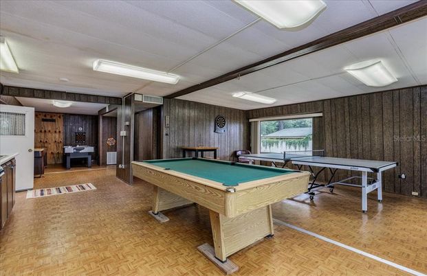 Billiard Table, Game Room, Interior, Wood Texture Flooring, Wooden Walls