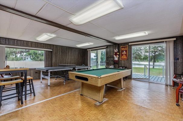 Billiard Table, Game Room, Interior, Wood Texture Flooring