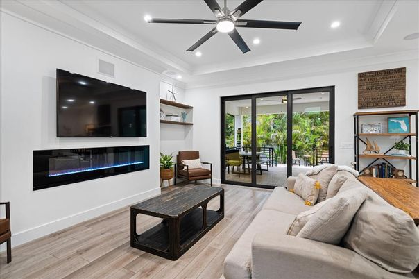 Fireplace, Interior, Living room, Recessed Lighting, Wood Texture Flooring