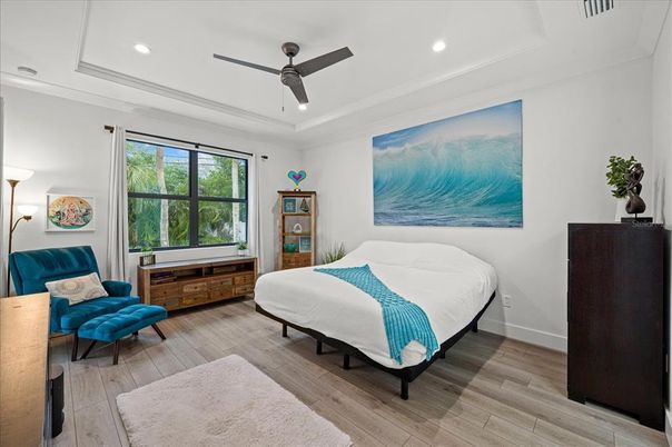 Bedroom, Interior, Recessed Lighting, Wood Texture Flooring