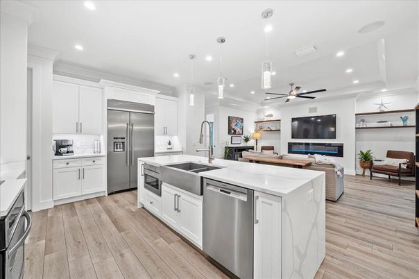 Interior, Kitchen, Living room, Pendant Lights, Recessed Lighting, Stainless Steel Appliances, Wood Texture Flooring