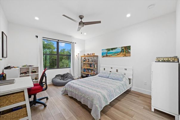 Bedroom, Home Office, Interior, Recessed Lighting, Wood Texture Flooring