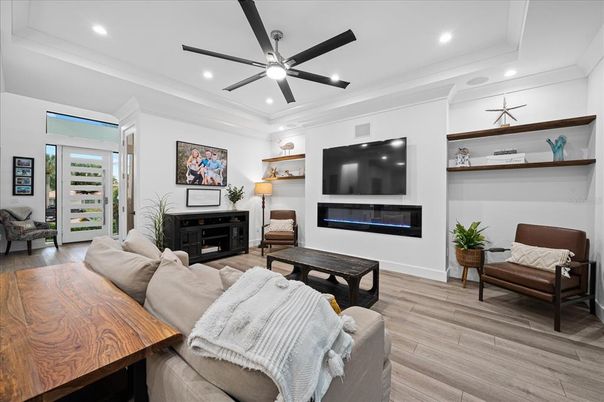 Fireplace, Interior, Living room, Recessed Lighting, Wood Texture Flooring