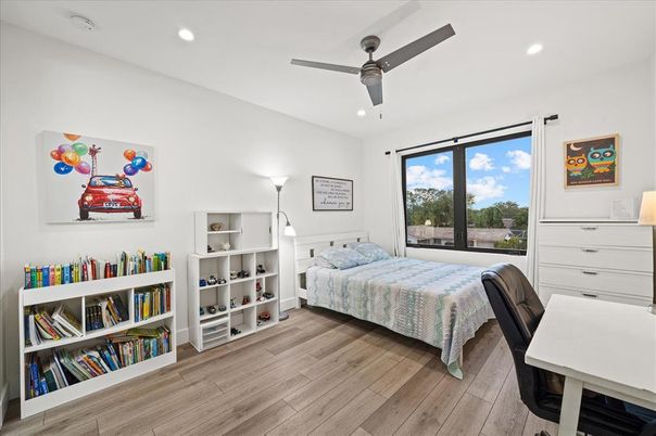 Bedroom, Interior, Recessed Lighting, Wood Texture Flooring