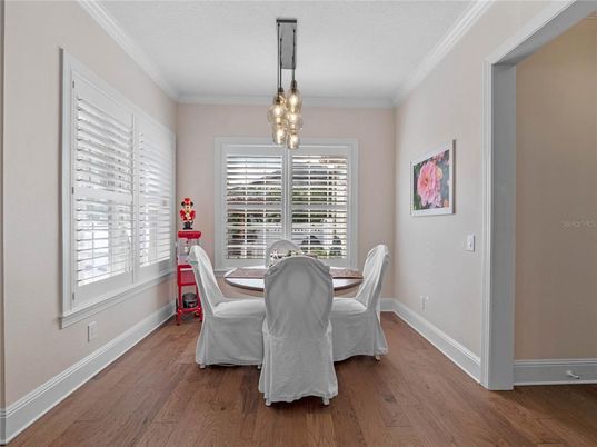 Dining room, Interior, Pendant Lights, Wood Texture Flooring