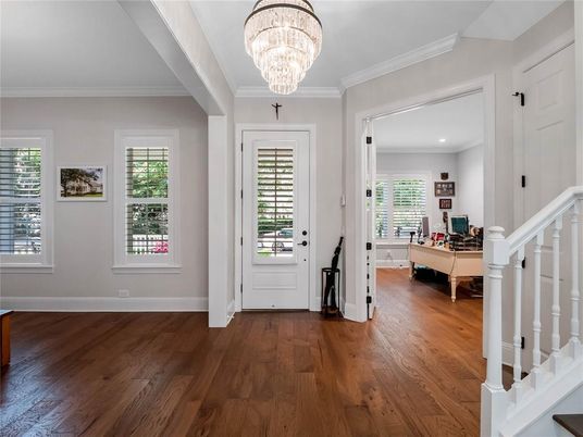 Chandelier, Interior, Living room, Recessed Lighting, Wood Texture Flooring