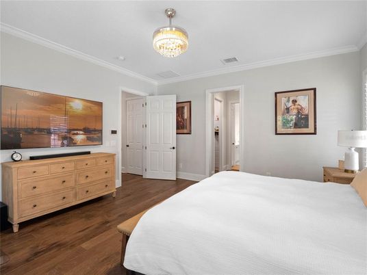Bedroom, Chandelier, Interior, Wood Texture Flooring