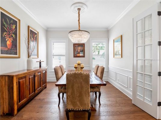 Chandelier, Dining room, Interior, Wood Texture Flooring