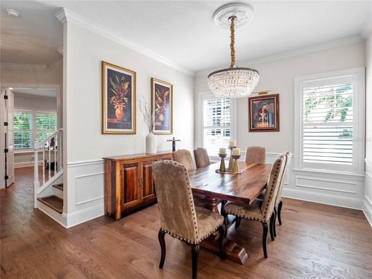 Chandelier, Dining room, Interior, Wood Texture Flooring