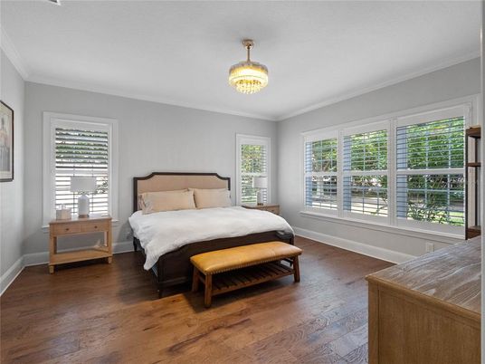 Bedroom, Chandelier, Interior, Wood Texture Flooring