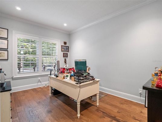 Home Office, Interior, Recessed Lighting, Wood Texture Flooring