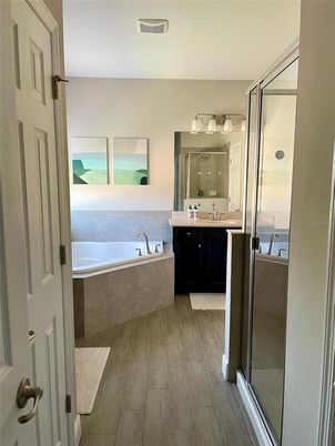 Bathroom, Glass Shower, Interior, Wood Texture Flooring