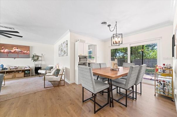 Dining room, Interior, Living room, Pendant Lights, Wood Texture Flooring