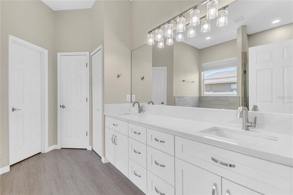 Bathroom, Dual Sink Vanities, Interior, Recessed Lighting, Wood Texture Flooring